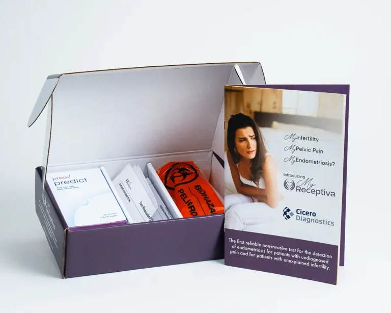 Opened MyReceptiva test kit box showing items inside.